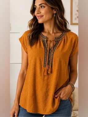 DR2 Mustard Rust Boho Embroidered Swiss Dot Peasant Top